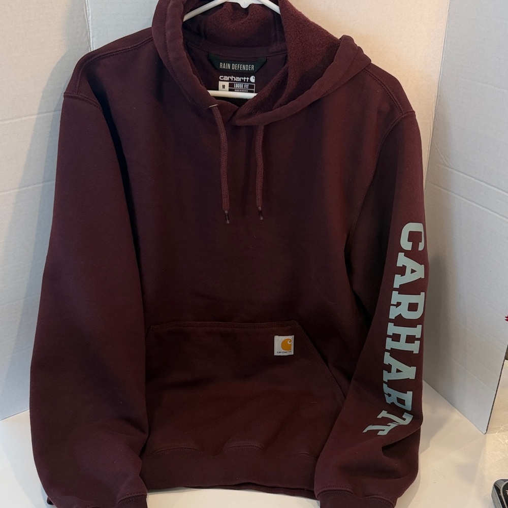 Carhartt Men's Rain Defender Burgundy Hoodie with Logo Sleeve and Back Size M